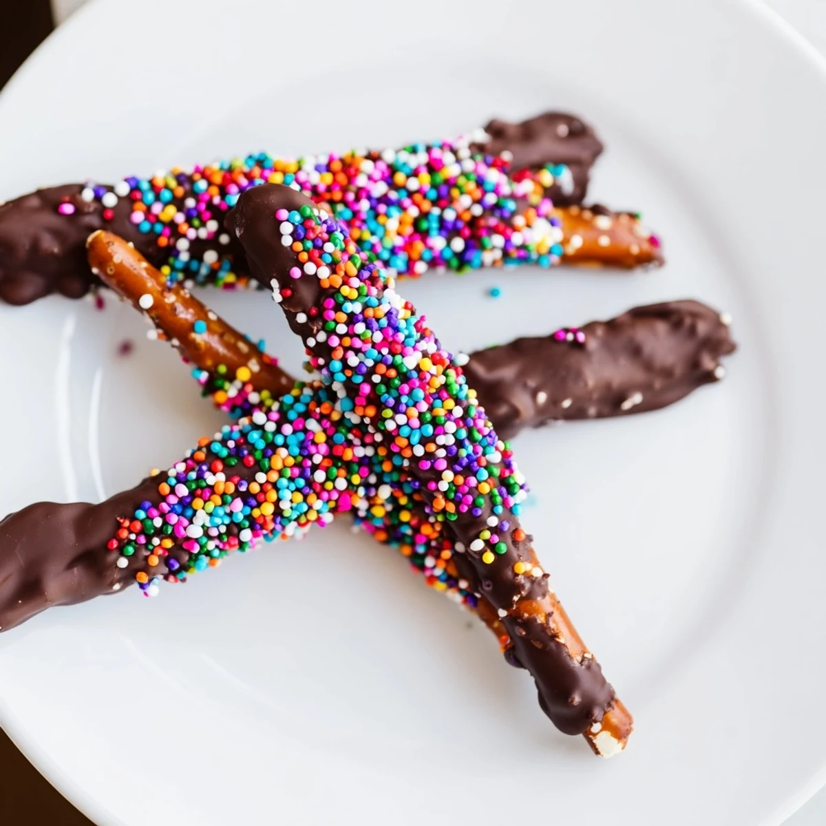 Chocolate covered pretzels with sprinkles arranged on parchment paper, glistening with a glossy, hardened coating.