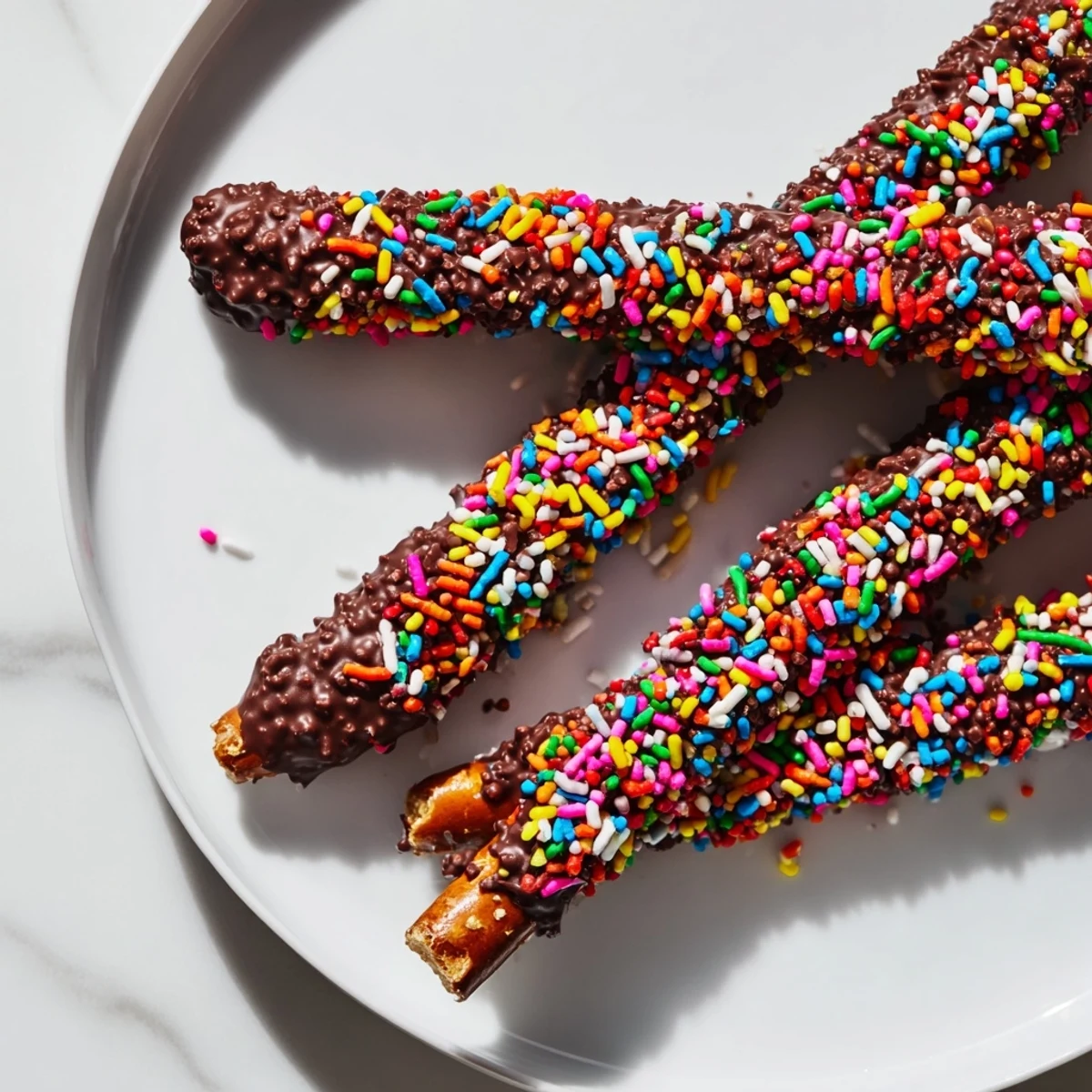 Festive chocolate covered pretzels with sprinkles in a glass jar, ready for sharing at parties or gatherings.