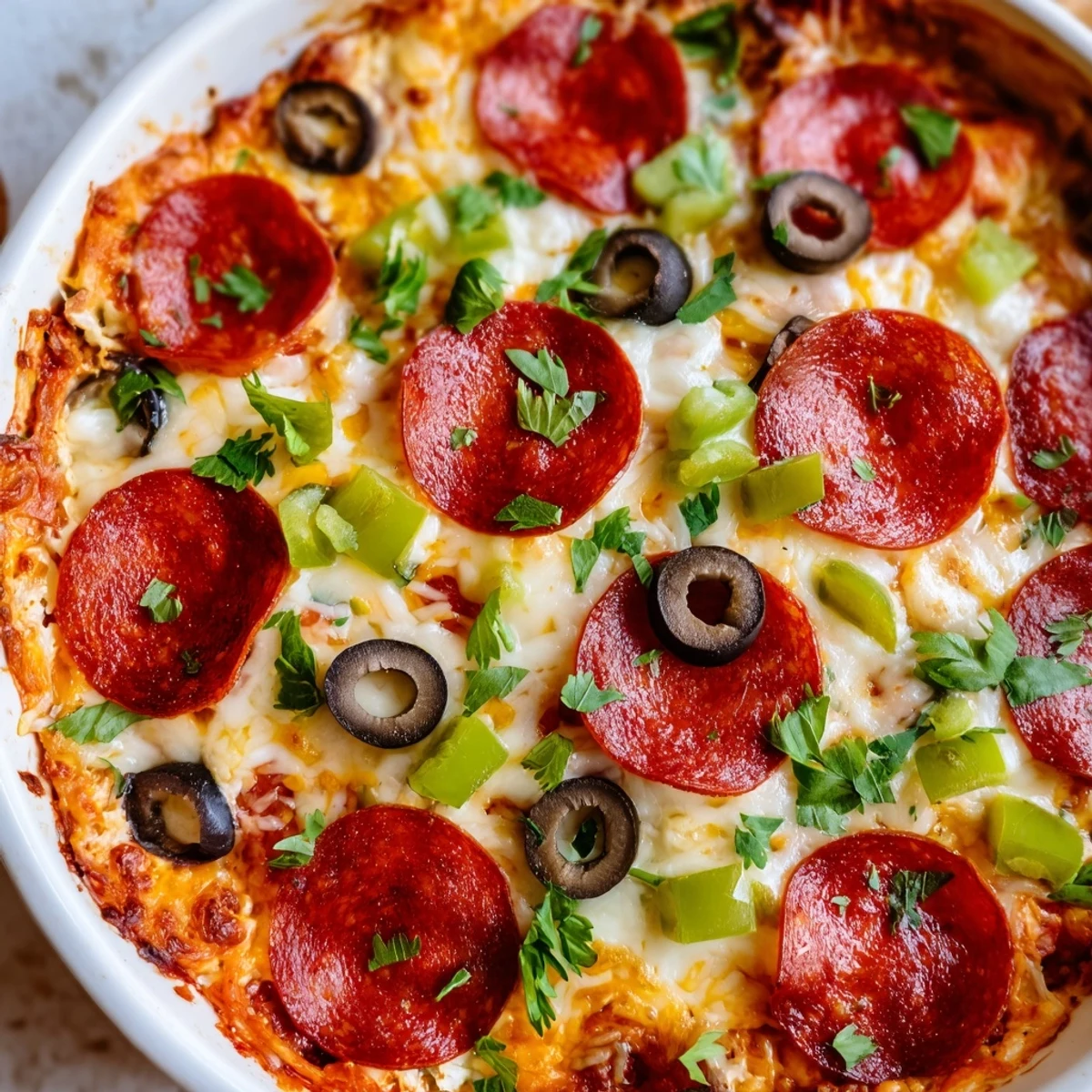 Golden, bubbly cheese crowns this Game Day Pepperoni Pizza Dip, finished with black olives and fresh herbs, served warm with toasted baguette slices for scooping.  