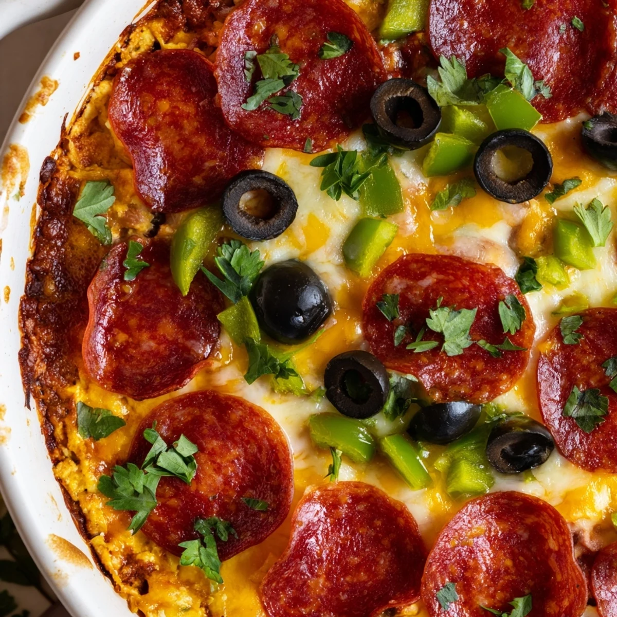 Creamy Game Day Pepperoni Pizza Dip is baked with melty mozzarella, cheddar, and tangy marinara, topped with halal turkey pepperoni and diced green bell pepper.  