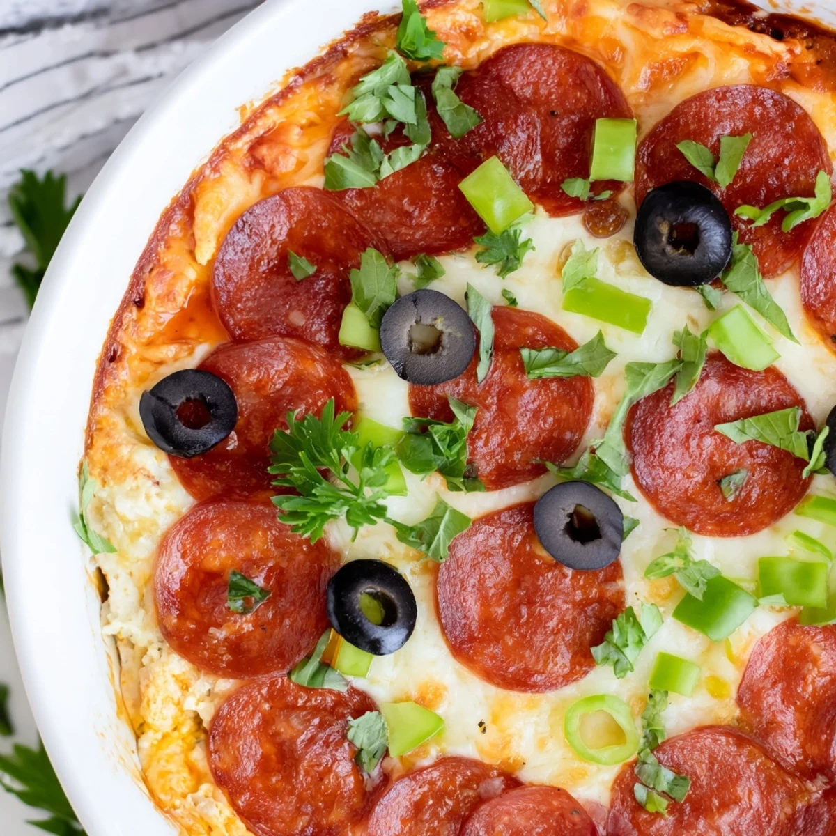 An easy Game Day Pepperoni Pizza Dip layers rich cream cheese and savory pepperoni, studded with green bell pepper and olives, bubbling from a hot oven.