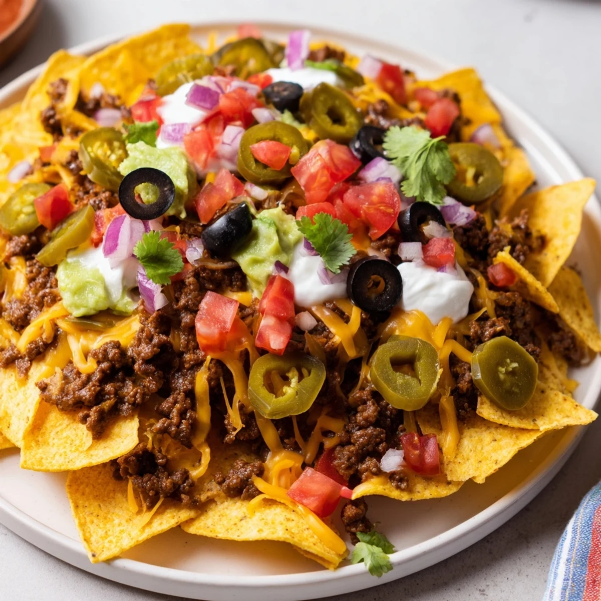 The Championship Nacho Platter with Beef features golden tortilla chips layered with spiced ground beef and melted cheddar cheese, topped with fresh diced tomatoes and vibrant cilantro for a festive game day spread.  