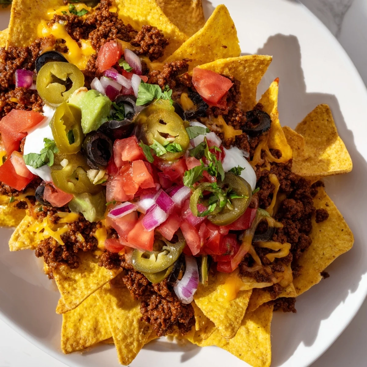 Sizzling Championship Nacho Platter with Beef served hot on a platter, with melted Monterey Jack cheese, pickled jalapeños, and creamy avocado chunks for a perfect Tex-Mex appetizer.  
