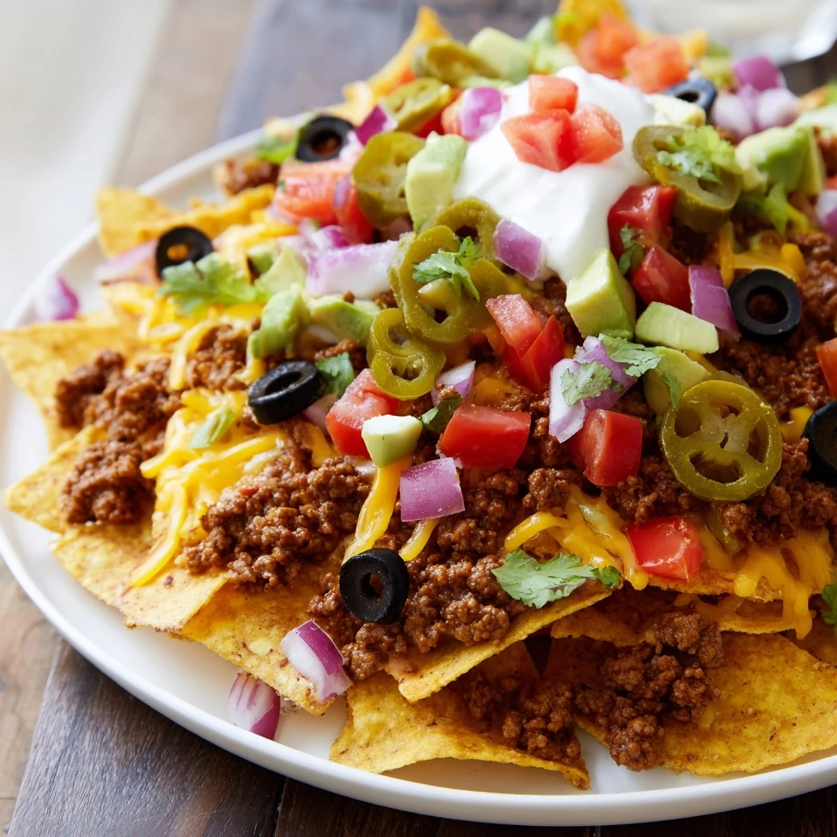 A close-up view of the Championship Nacho Platter with Beef, showcasing crispy chips, hearty beef, sour cream drizzle, and colorful toppings ready for a crowd-pleasing party feast.