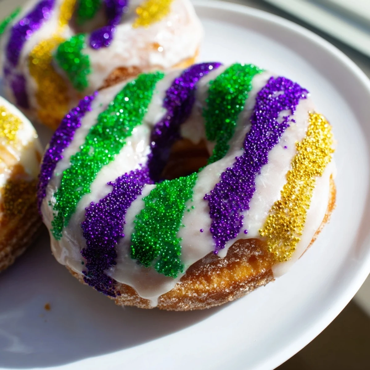 Glazed Mardi Gras King Cake Donuts with purple, green, and gold sugars on a white plate, celebrating the festive New Orleans tradition.