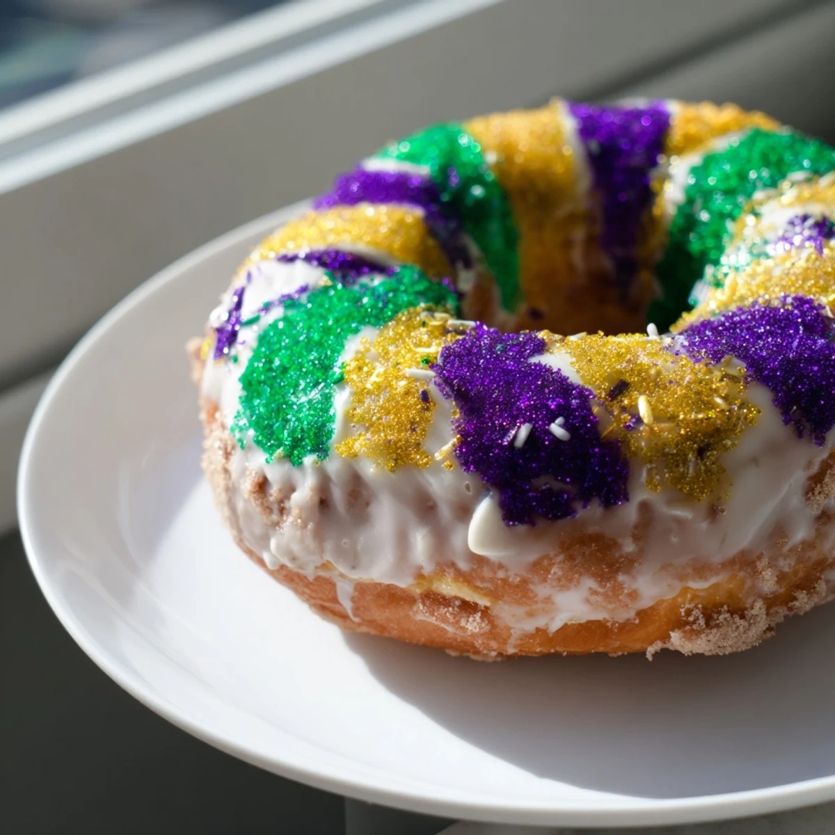Freshly baked Mardi Gras King Cake Donuts with a tender cinnamon-spiced crumb and sweet vanilla glaze, perfect for Carnival season.