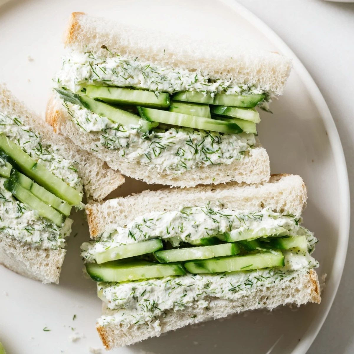 Perfectly cut Green Cucumber Sandwiches with Cream Cheese, showcasing thin cucumber rounds and herbed spread on crustless bread.