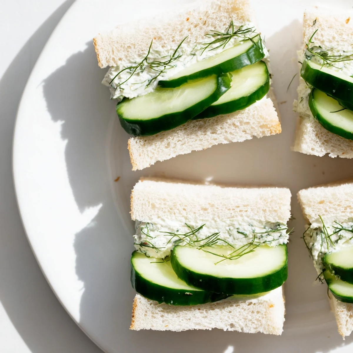 A top view of Green Cucumber Sandwiches with Cream Cheese on a tea tray, garnished with fresh dill and chives.