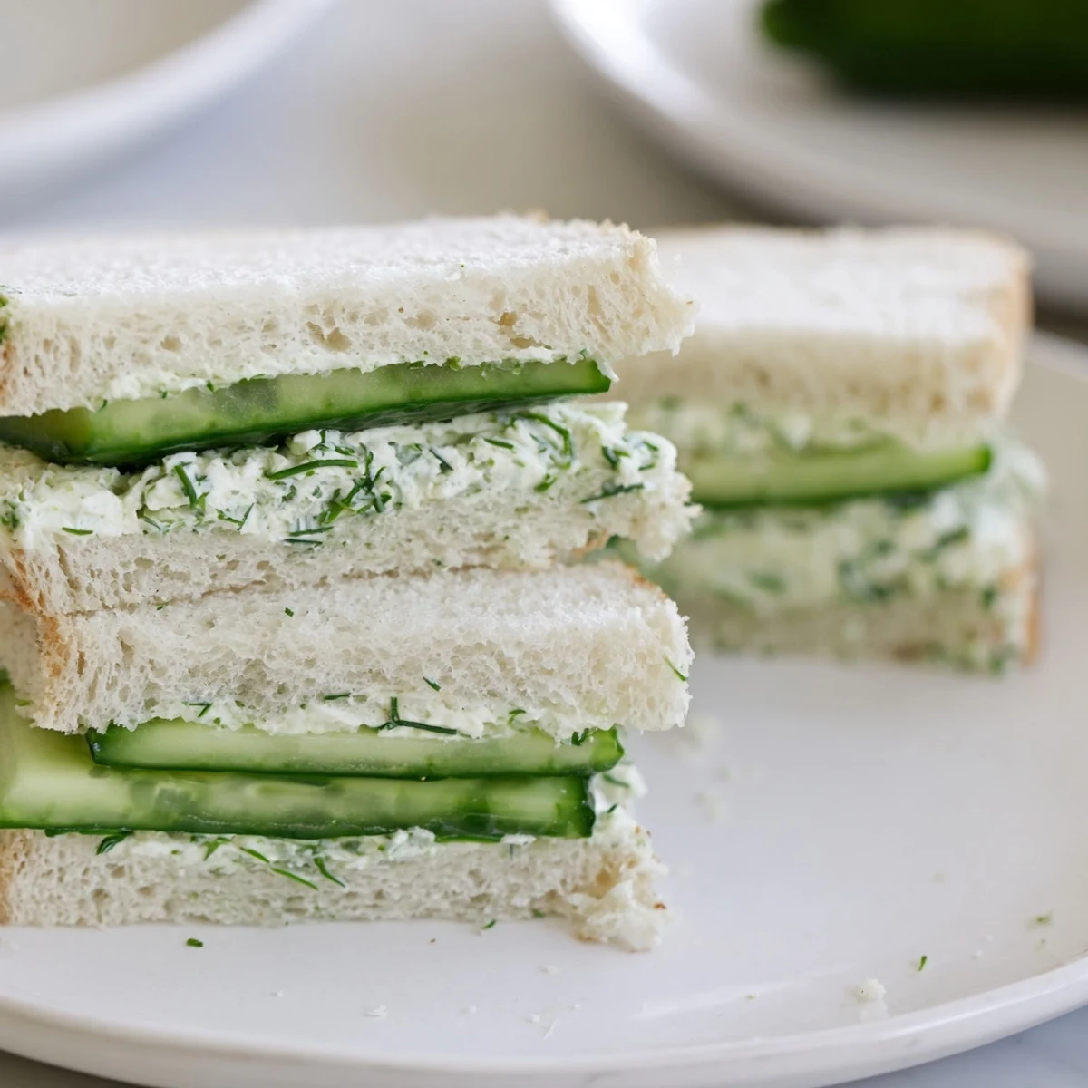 Close-up of Green Cucumber Sandwiches with Cream Cheese, featuring soft white bread, cool cucumber slices, and creamy herbed filling.