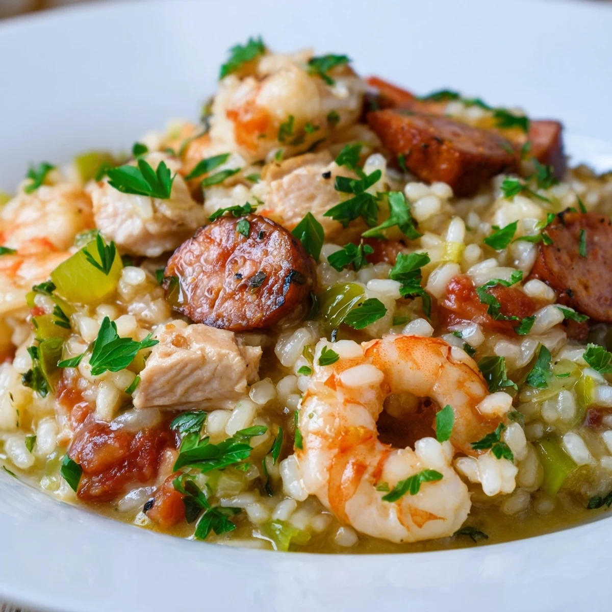 A close-up of vibrant Creole Jambalaya Risotto in a skillet, showing diced bell peppers, tomatoes, and shrimp stirred into the rich, spicy, and creamy rice blend.  