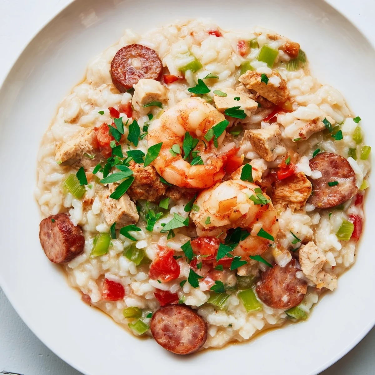 A steaming plate of Creole Jambalaya Risotto garnished with fresh parsley and lemon wedges, featuring andouille sausage, chicken, and plump shrimp nestled in creamy Arborio rice.  
