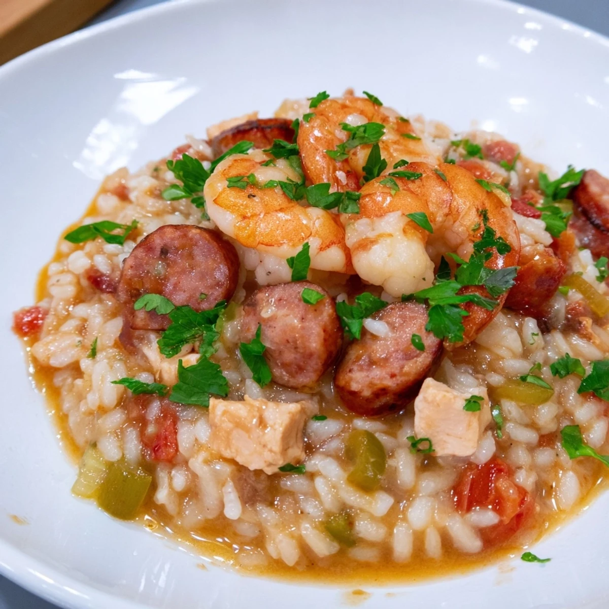 Served in a rustic white bowl, Creole Jambalaya Risotto offers a comforting fusion meal with glistening grains, tender meat, and a bright squeeze of fresh lemon.