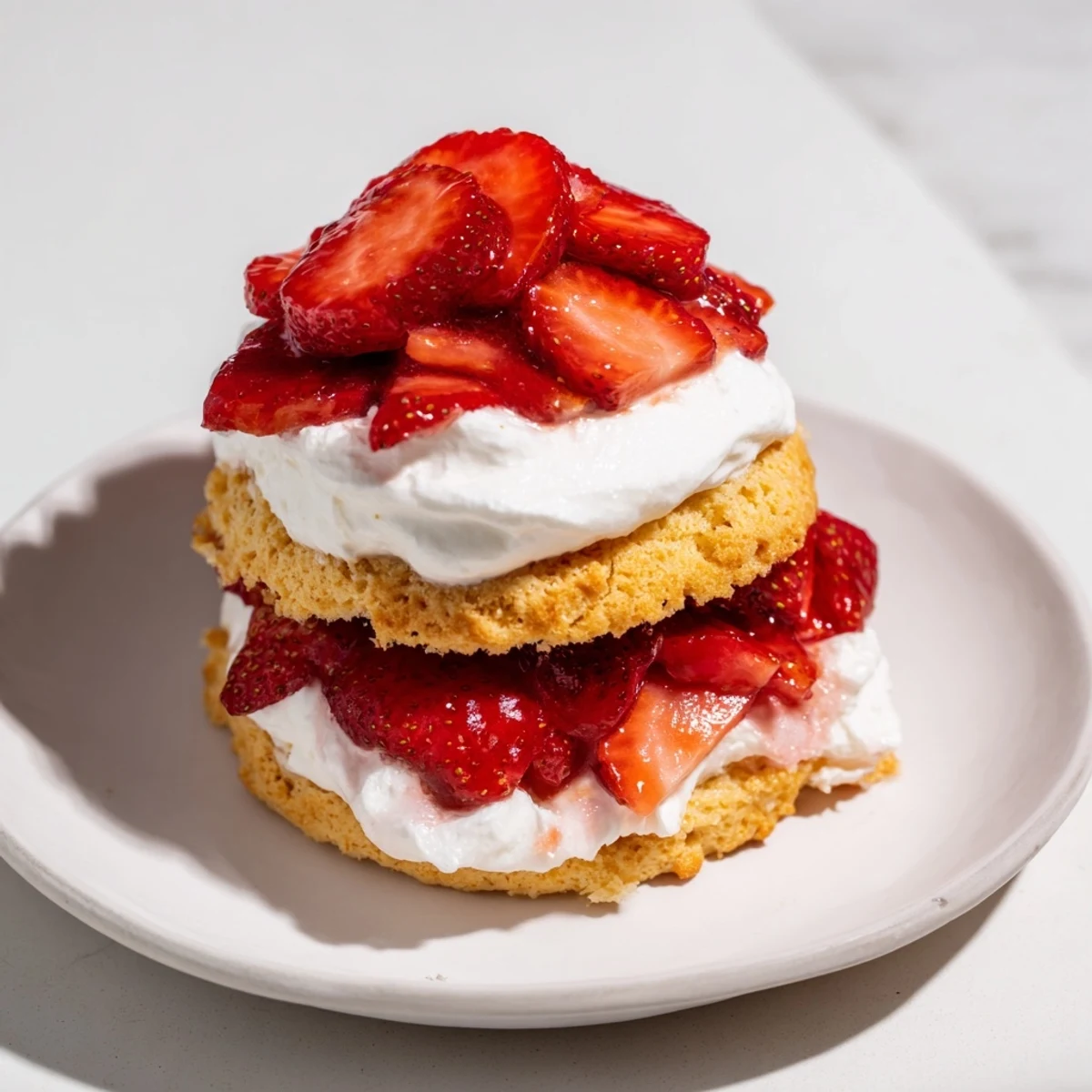 Freshly baked shortcake cups filled with sweet macerated strawberries and a fluffy whipped cream topping, perfect for Valentine's Day.  