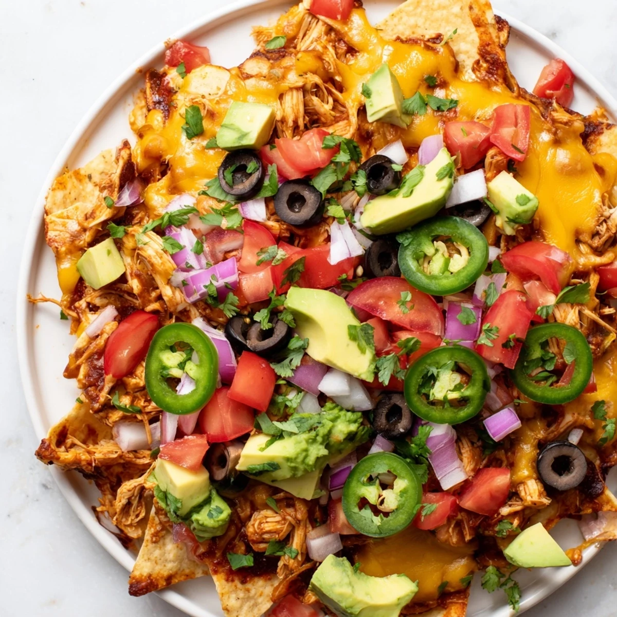 Golden, melted cheddar and Monterey Jack cheese blankets a platter of crispy tortilla chips loaded with tender pulled chicken, fresh jalapeños, and diced avocado.