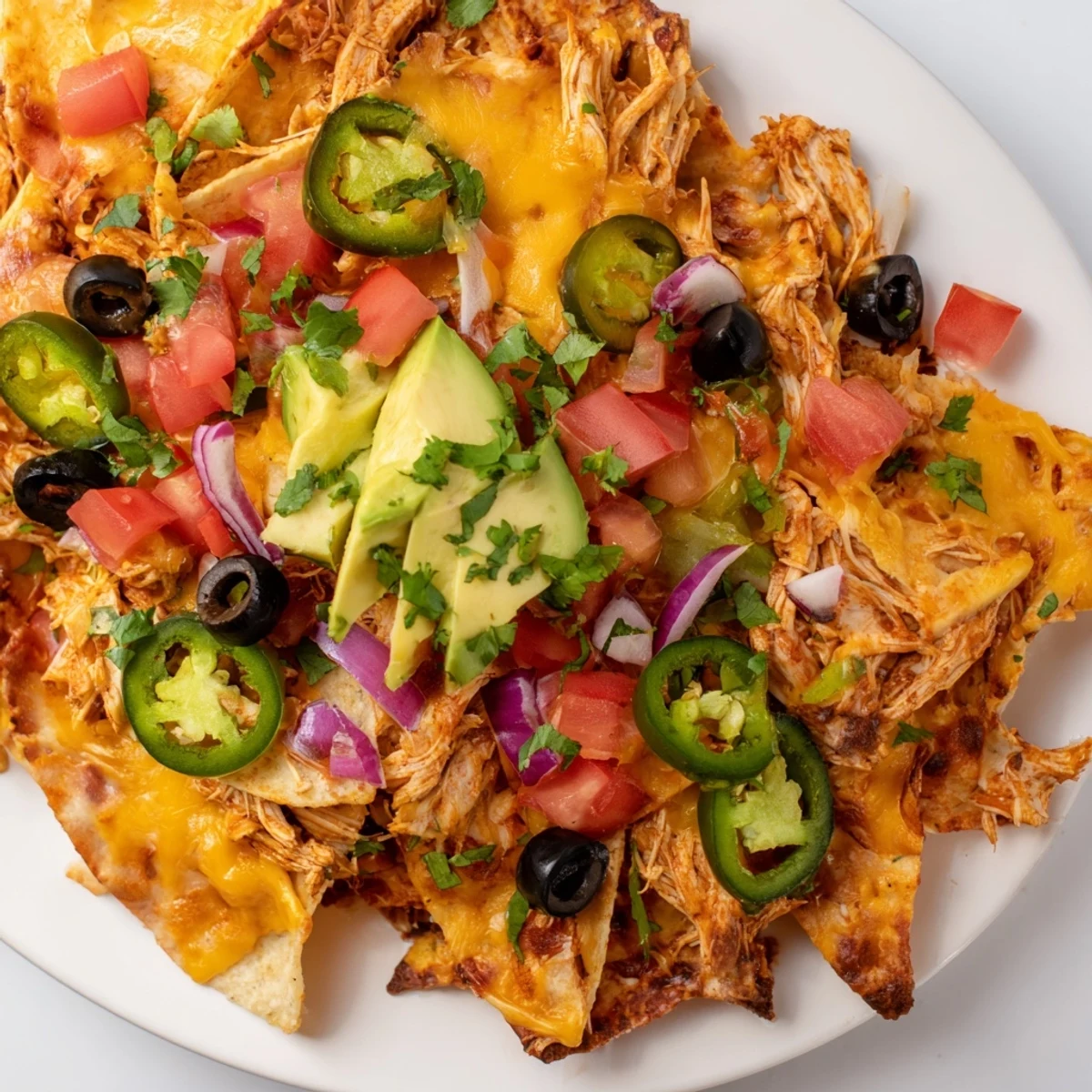 A close-up of baked MVP Pulled Chicken Nachos topped with sour cream and cilantro, served as a delicious appetizer on a dark rustic wooden table.