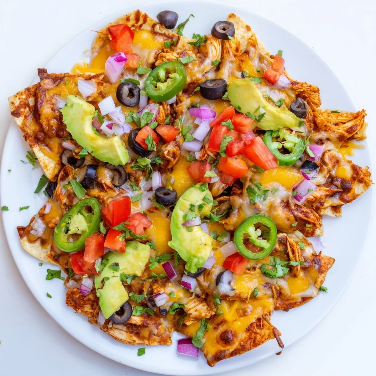 A generous serving of cheesy MVP Pulled Chicken Nachos with black olives and red onion, ready to be enjoyed at a festive game day gathering.