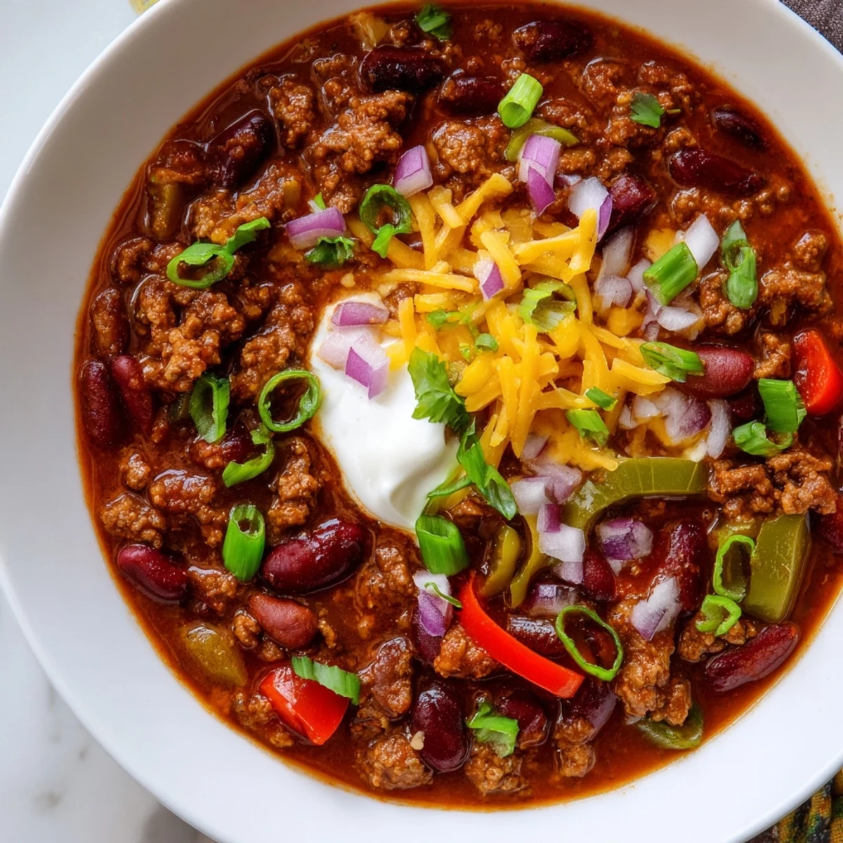 Bowl of Championship Spicy Beef Chili with Cheddar, topped with melted cheese and fresh cilantro.