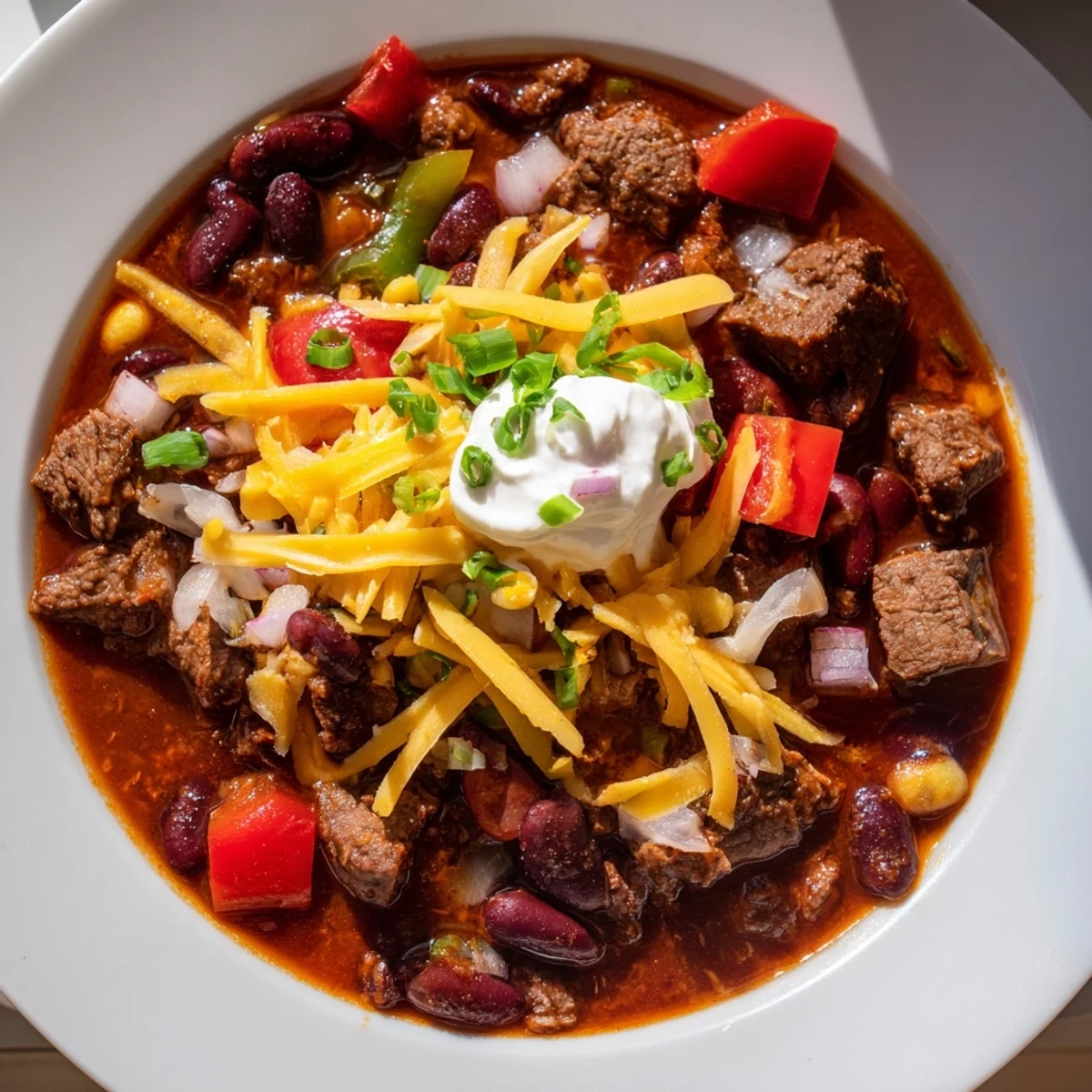 Rich Championship Spicy Beef Chili with Cheddar steaming in a rustic bowl with sour cream.