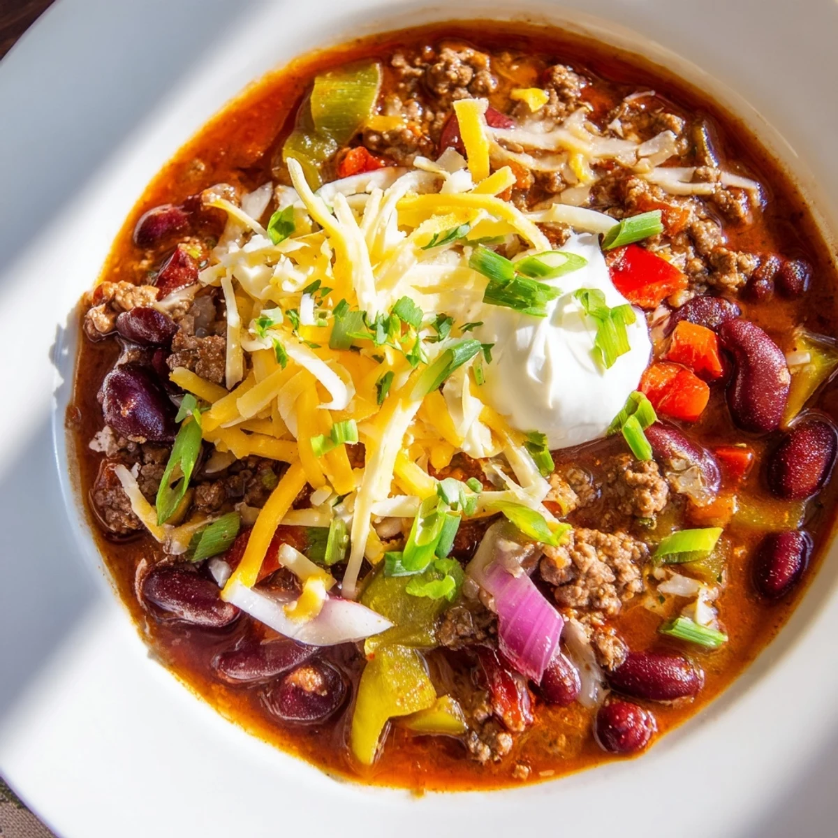 Award-winning Championship Spicy Beef Chili with Cheddar served hot with onions and sharp cheddar.