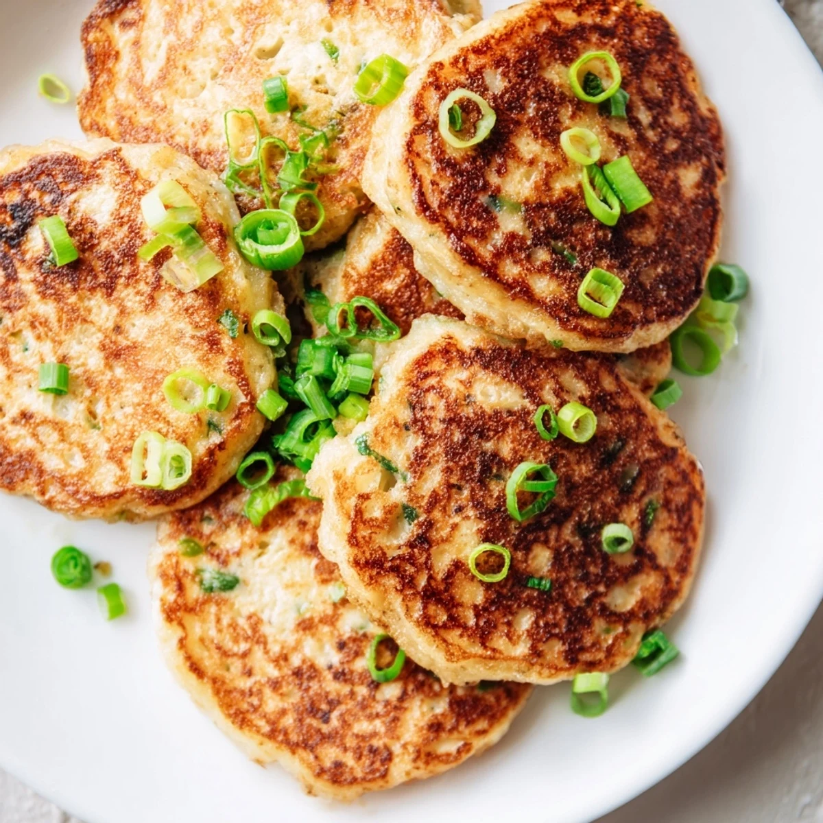 Golden, pan-fried Irish Potato Cakes with Scallions served warm on a rustic wooden board, topped with a dollop of cool sour cream.