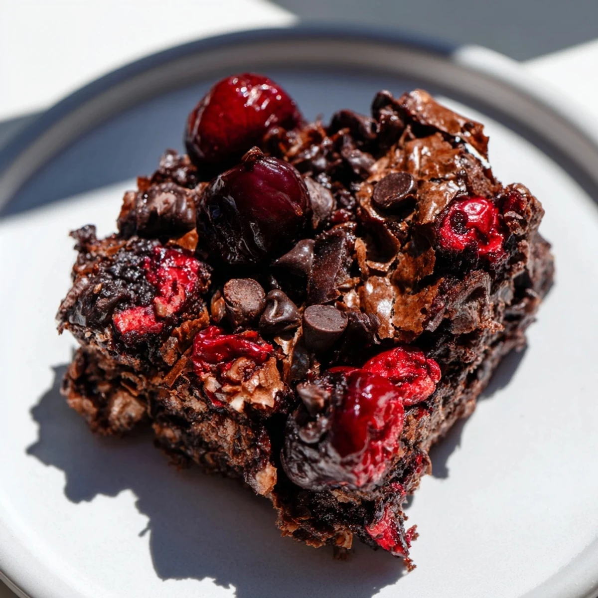 Freshly baked Chocolate Cherry Brownie Bites with gooey melted dark chocolate chips and sweet cherries on a cooling rack.