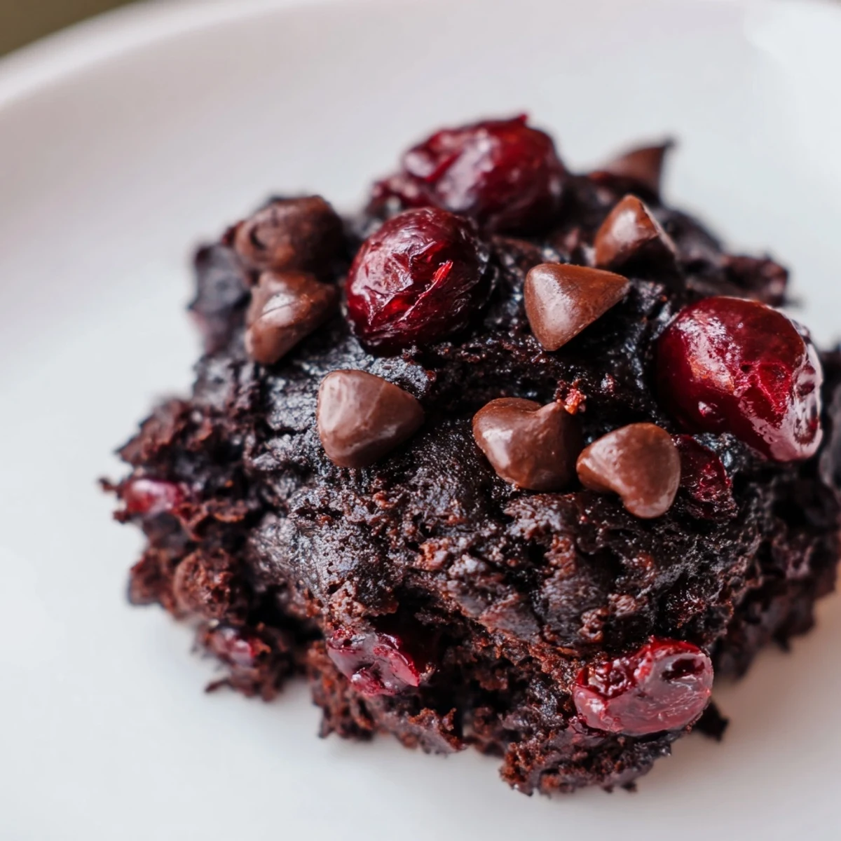 Warm, bite-sized Chocolate Cherry Brownie Bites stacked on a plate, ready to be served as a rich dessert or snack.
