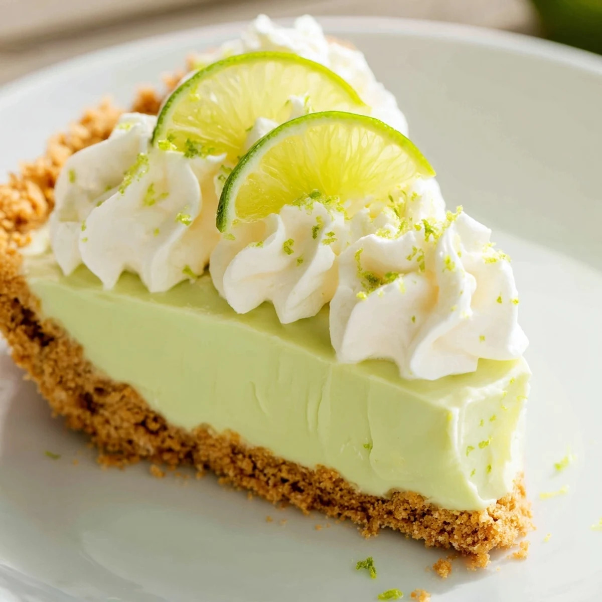 Freshly baked Green Key Lime Pie with whipped cream topping, garnished with vibrant green zest and thin lime slices, served chilled.