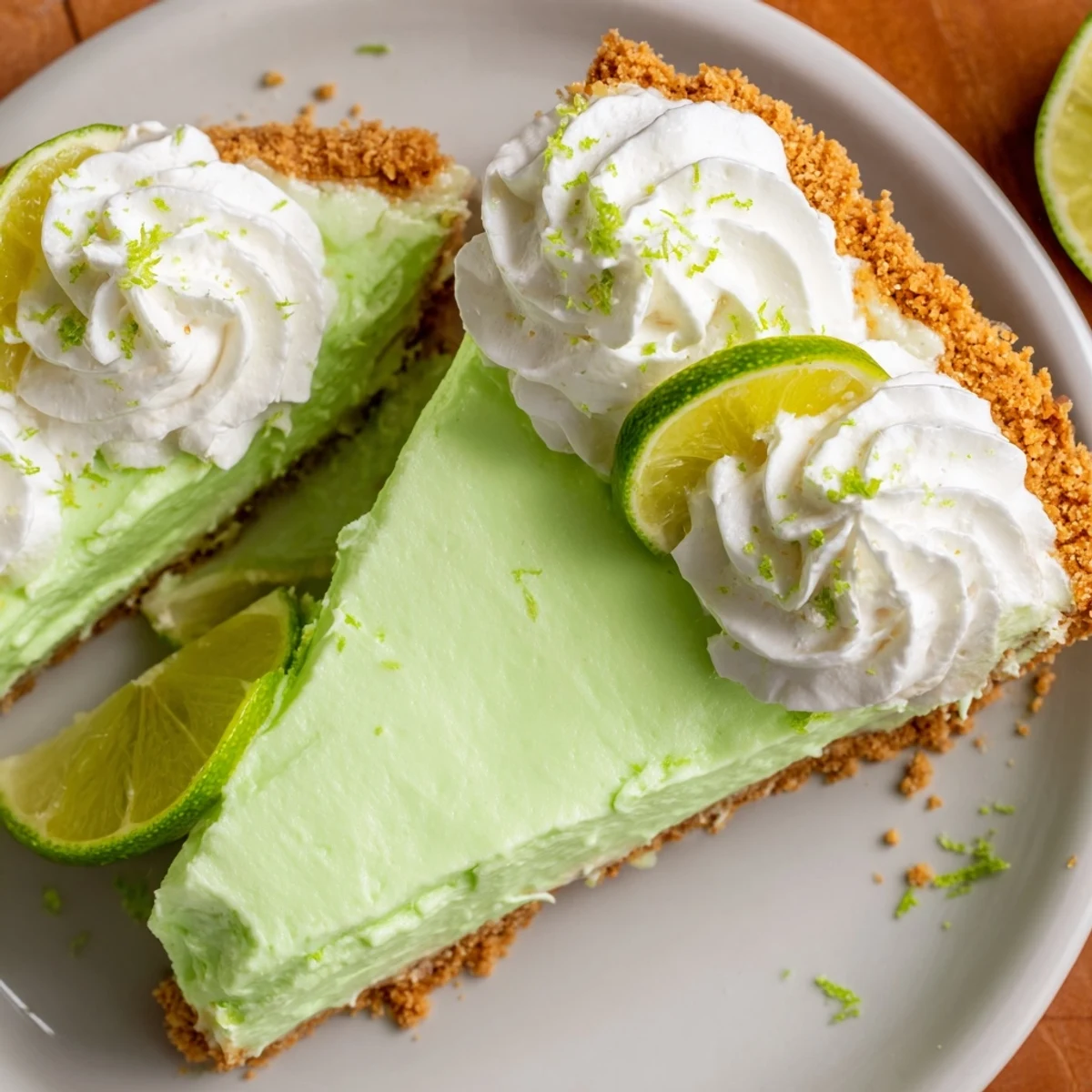 A slice of Green Key Lime Pie shows creamy tangy filling and fluffy whipped cream, perfect for summer dessert gatherings.