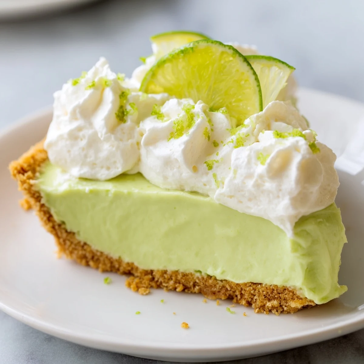 Close-up of chilled Green Key Lime Pie, featuring a golden graham cracker crust and dollops of whipped cream, ready to serve.