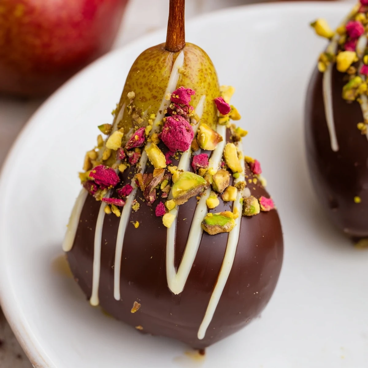 Romantic Chocolate Covered Pears garnished with pistachios on a chilled baking sheet, ready for a special occasion dessert pairing.