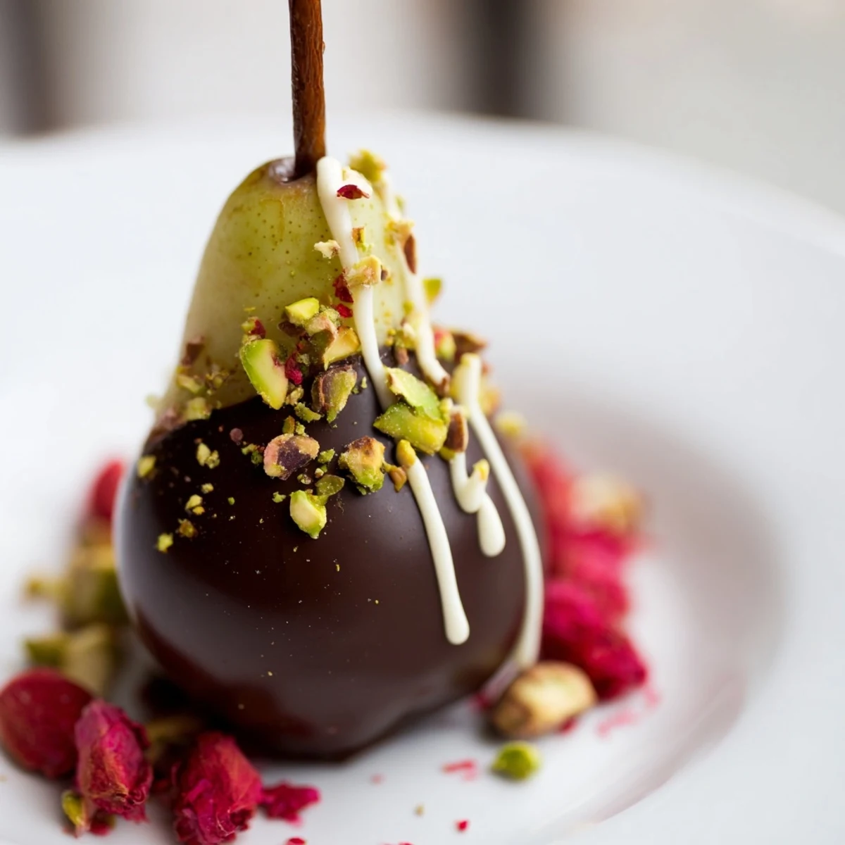 Elegant Romantic Chocolate Covered Pears standing upright, showcasing dark chocolate coating and rose petals for a romantic, gluten-free treat.