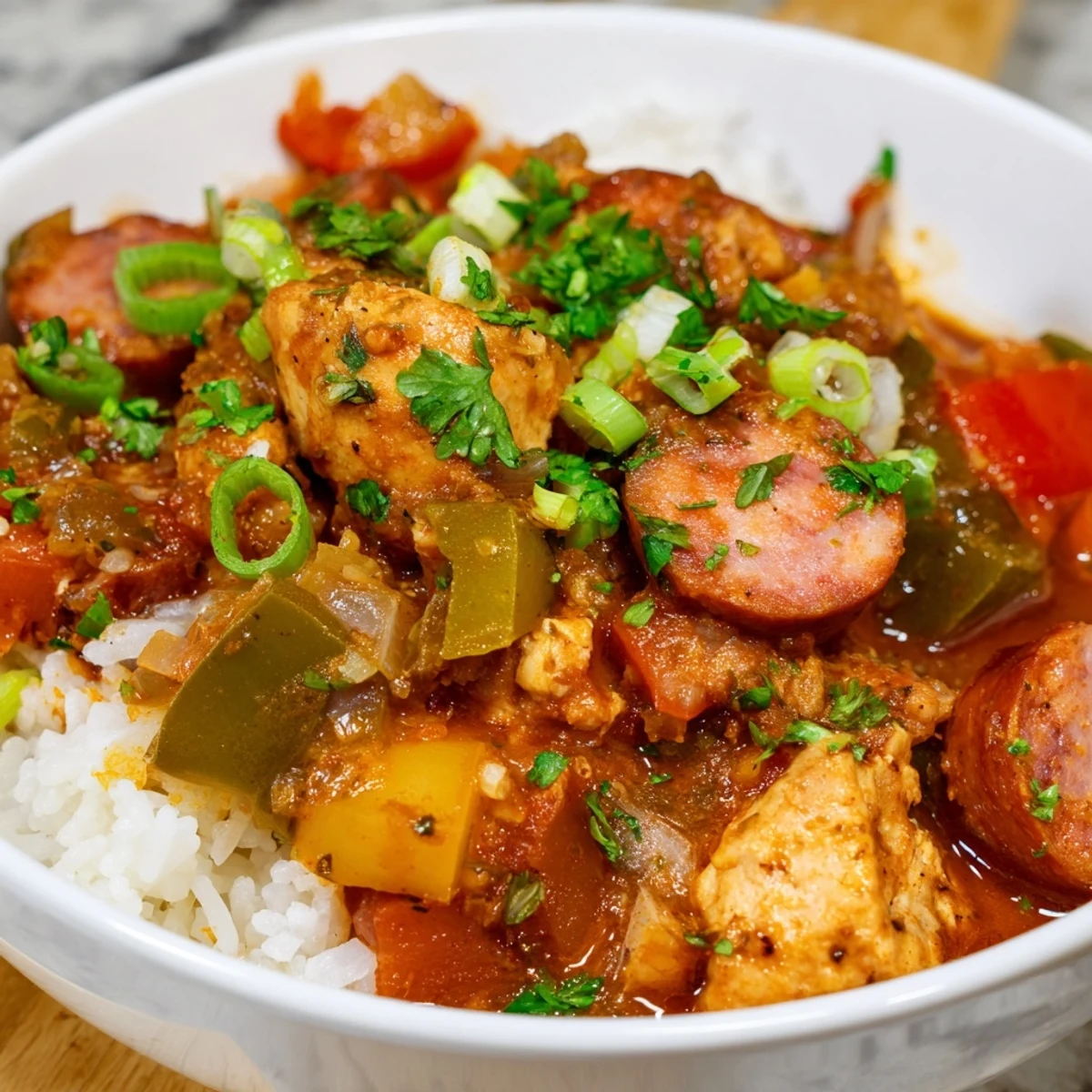 Close-up of Mardi Gras Chicken and Sausage Stew in a bowl, highlighting smoky Andouille sausage and tender chicken thighs.
