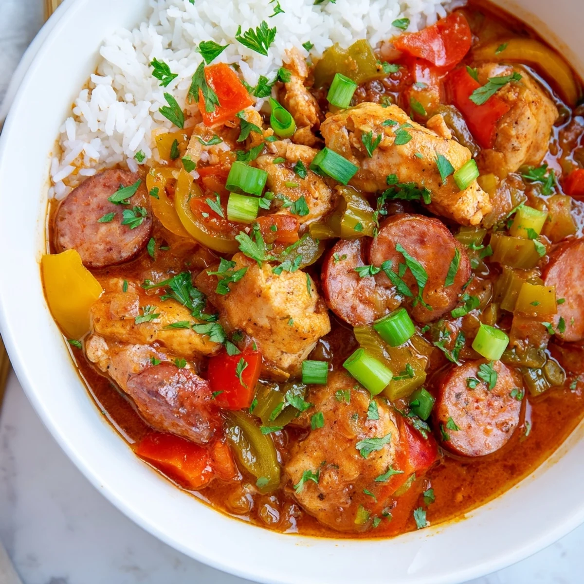 Steaming Mardi Gras Chicken and Sausage Stew served over fluffy white rice, garnished with fresh parsley and green onions.