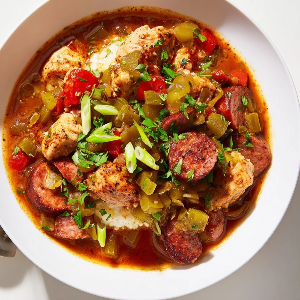 Rich, simmered Mardi Gras Chicken and Sausage Stew ladled from a Dutch oven, paired with crusty bread on the side.