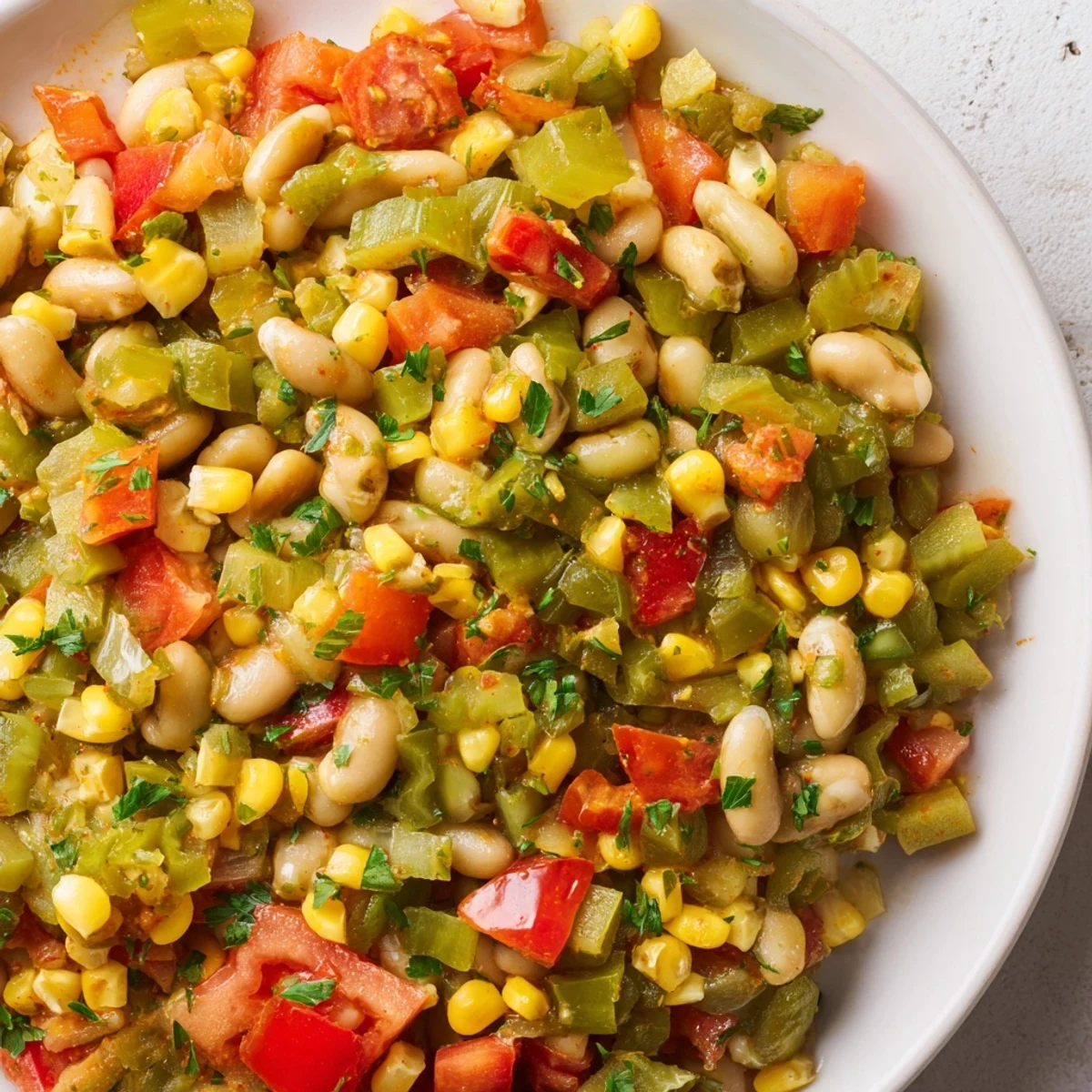 Golden Creole Succotash with lima beans and sweet corn is steaming in a white bowl, garnished with fresh parsley.