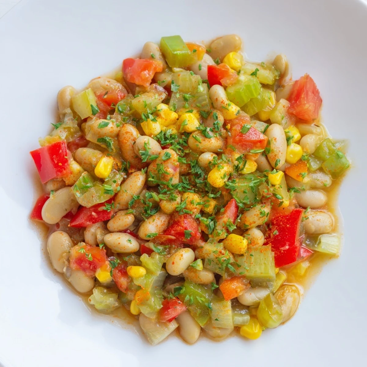 A hearty Southern Creole Succotash with lima beans and bell peppers is served warm alongside grilled chicken.
