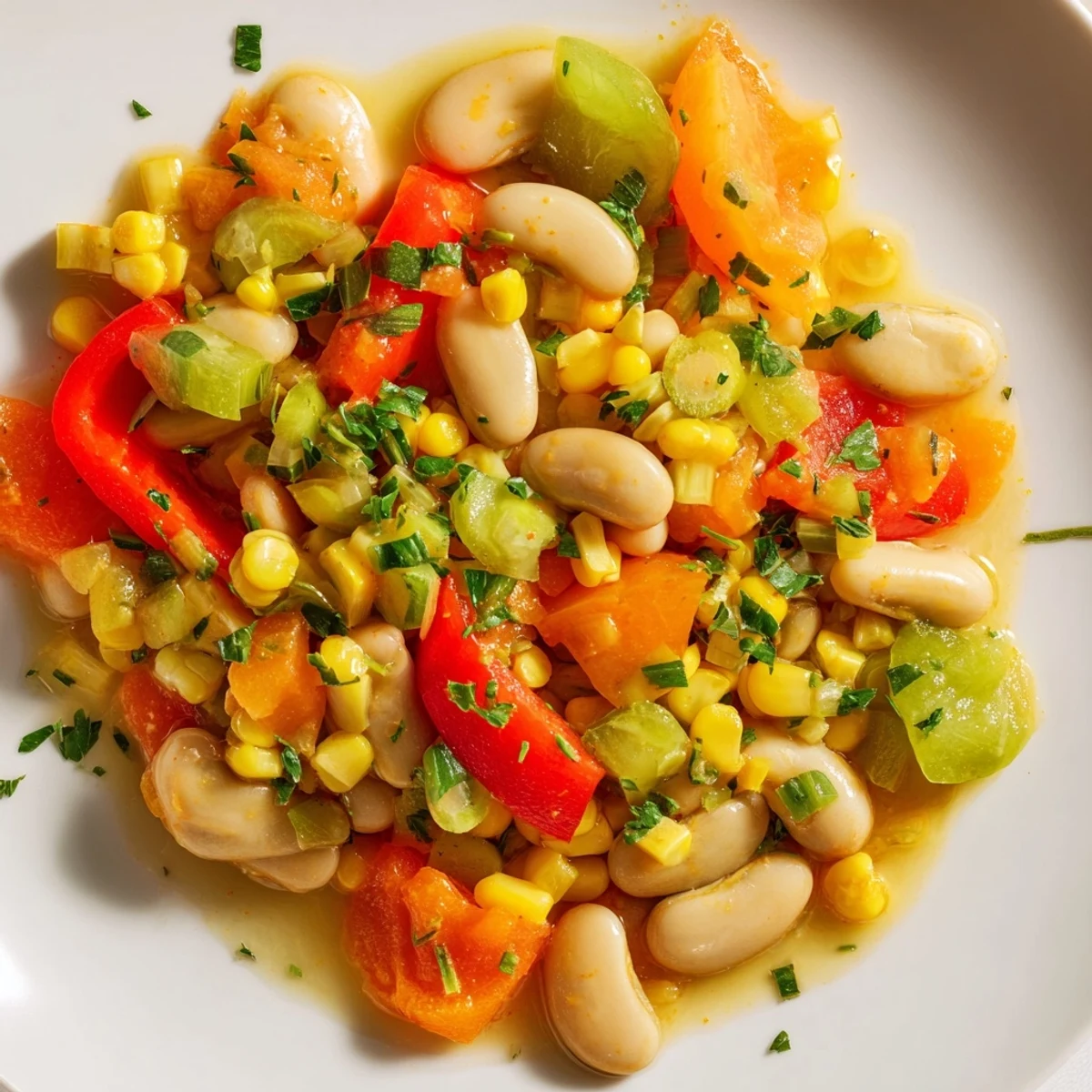 Vibrant Creole Succotash with lima beans, corn, and tomatoes is spooned over steamed rice in a rustic setting.