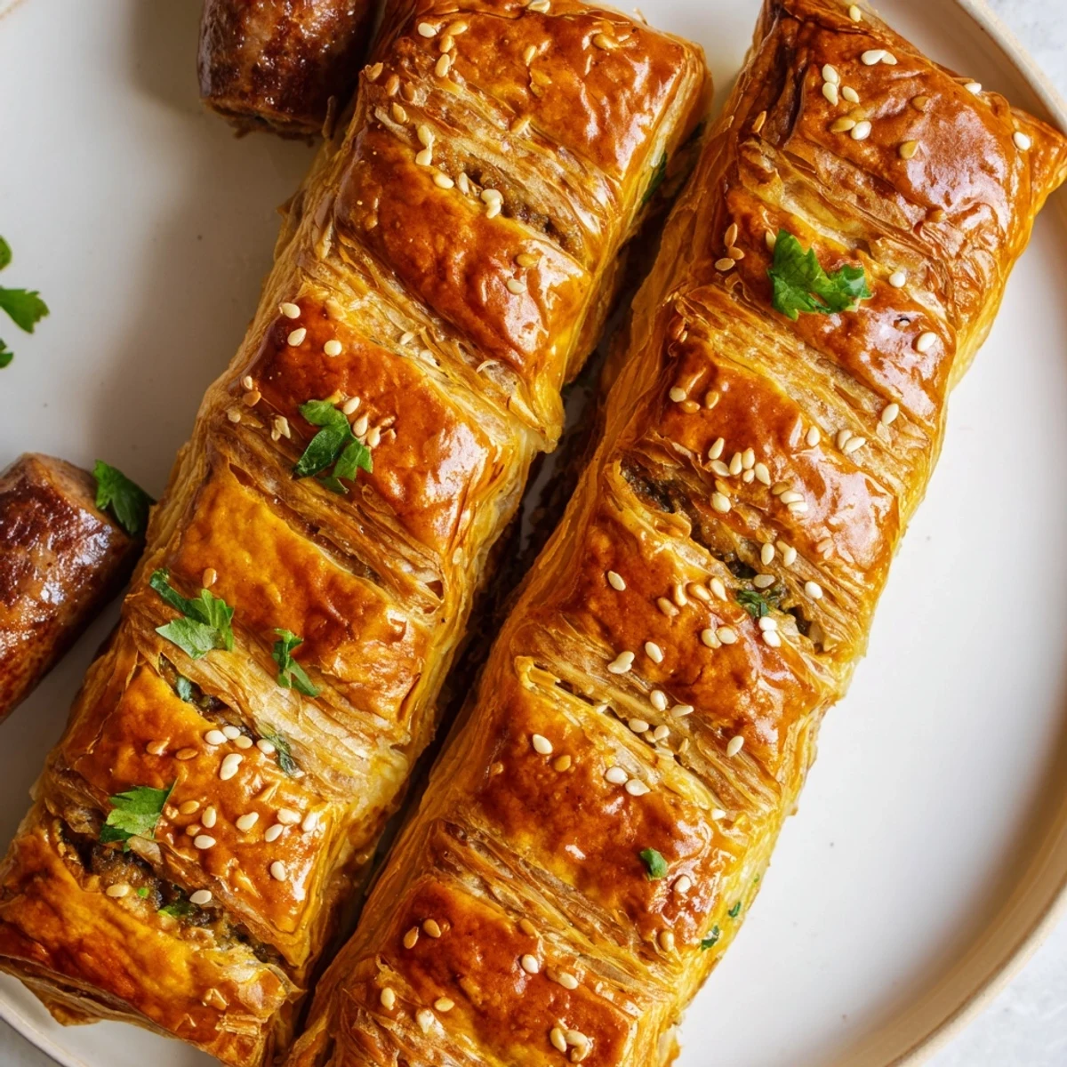Bite-sized Game Day Sausage Rolls with sesame seeds, served warm on a rustic wooden serving board.
