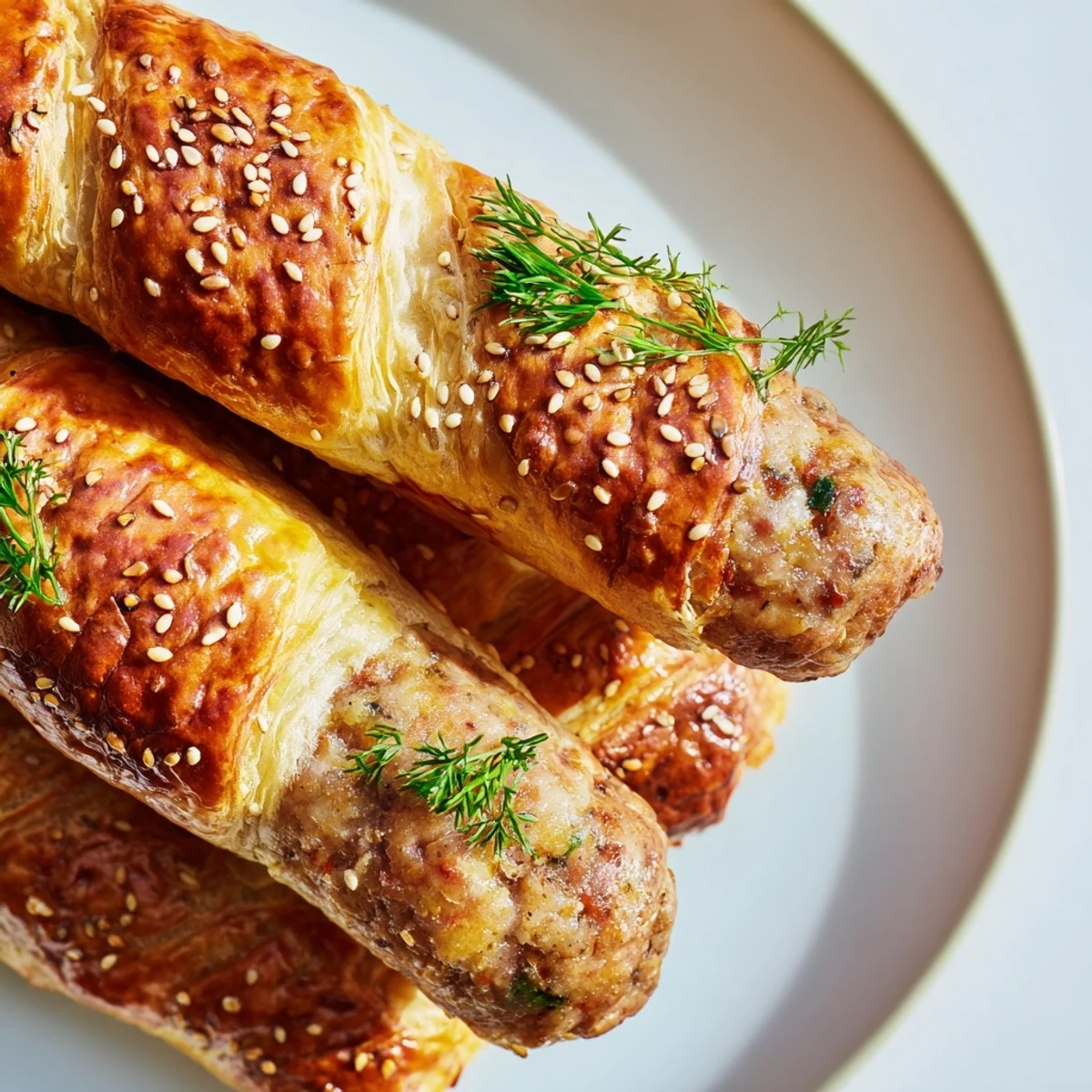Freshly baked Game Day Sausage Rolls featuring juicy beef sausage filling, perfect for a crowded snack table.