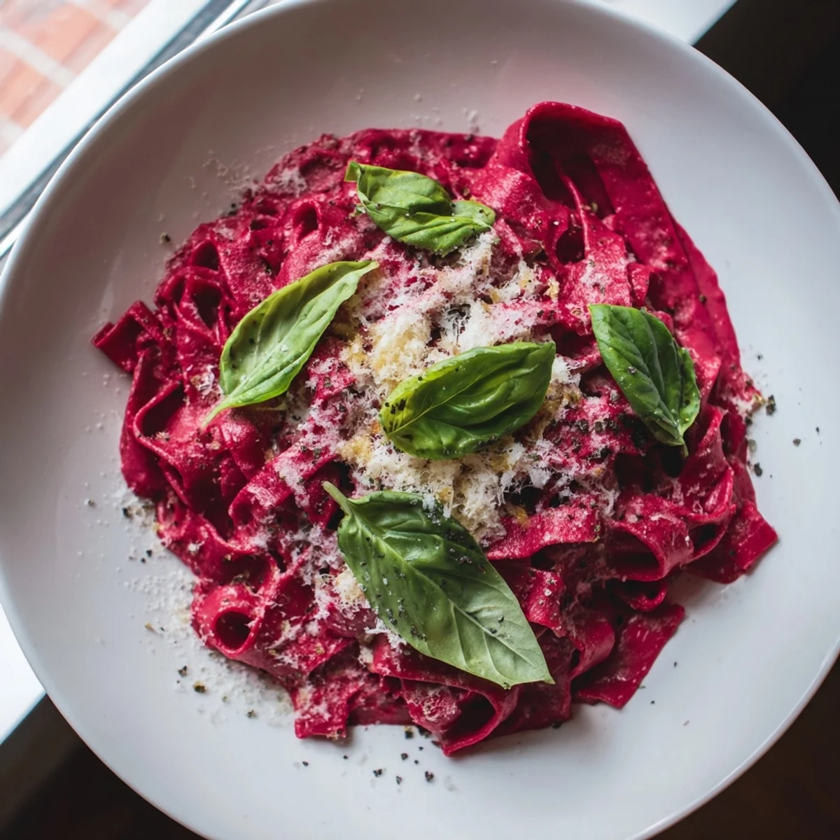 Freshly prepared Valentine Pink Pasta with Beet Cream Sauce coated in velvety sauce, paired with crisp white wine.