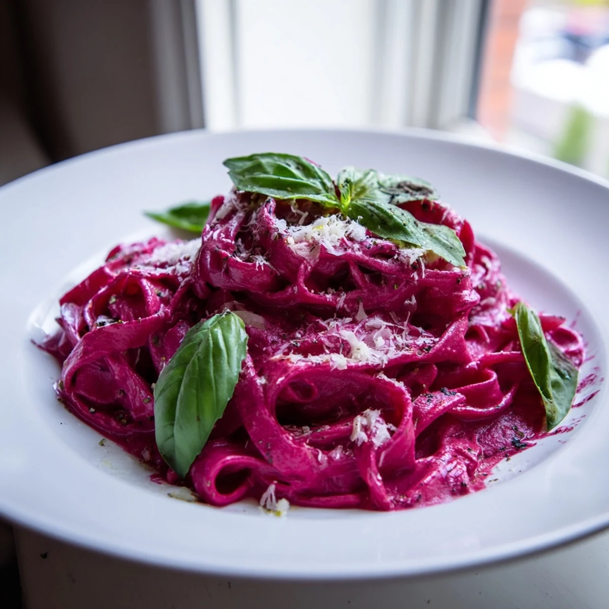 Valentine Pink Pasta with Beet Cream Sauce plated warmly, garnished with cracked black pepper, looking vibrant and romantic.