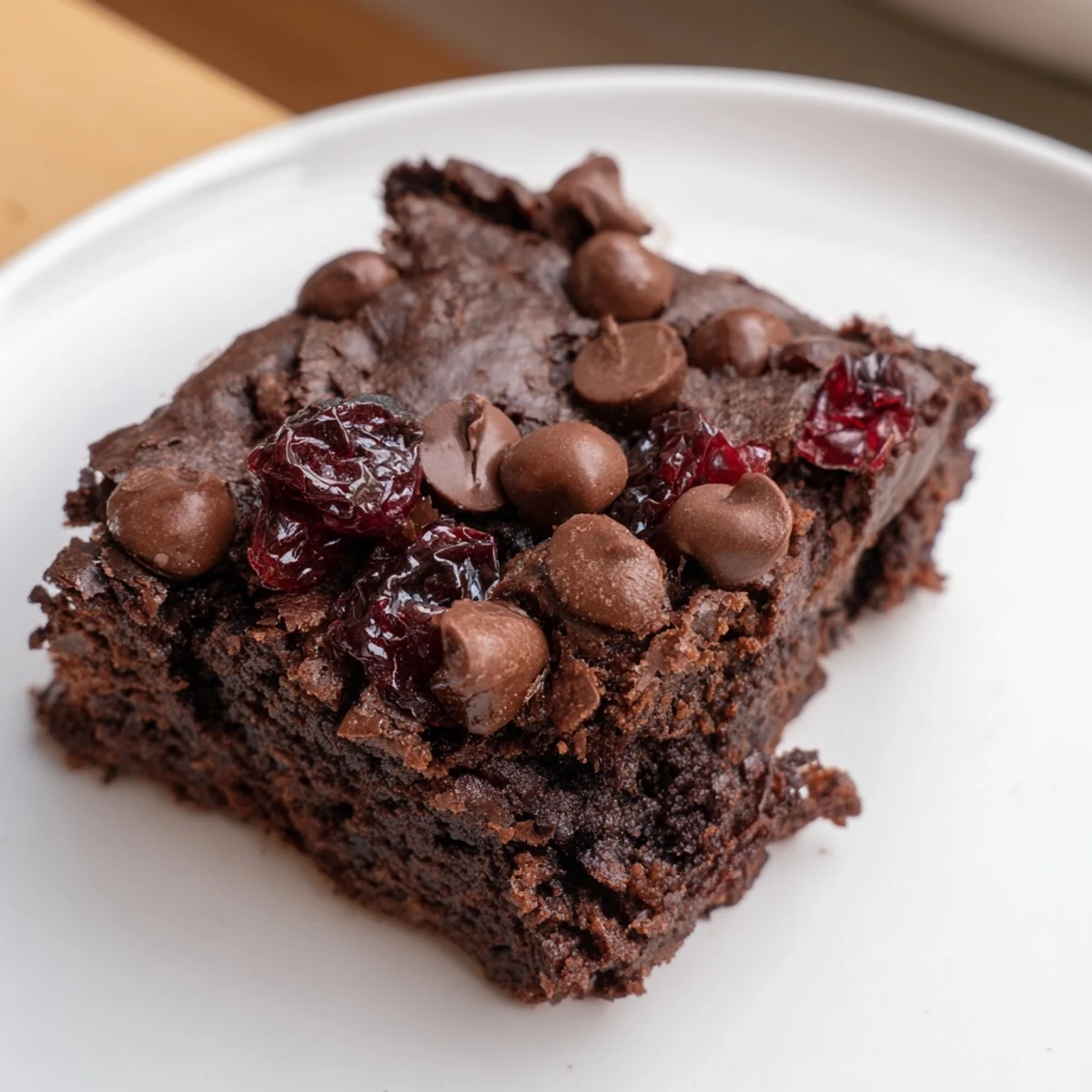 Golden-brown Chocolate Cherry Brownie Bites topped with chocolate drizzle and extra dried cherries on a cooling rack.