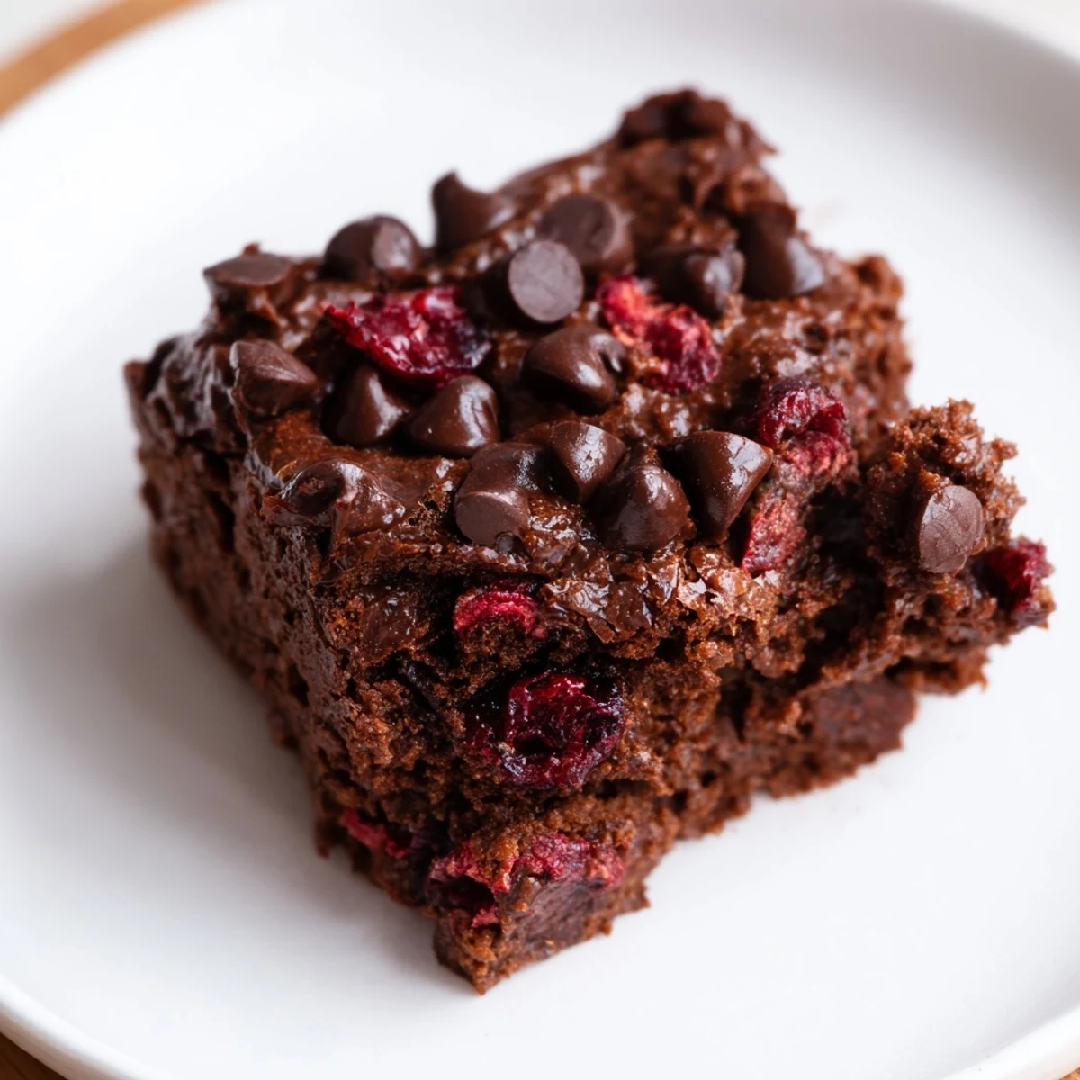 Rich Chocolate Cherry Brownie Bites with fudgy centers, studded with semisweet chips and tart cherries, served on a platter.