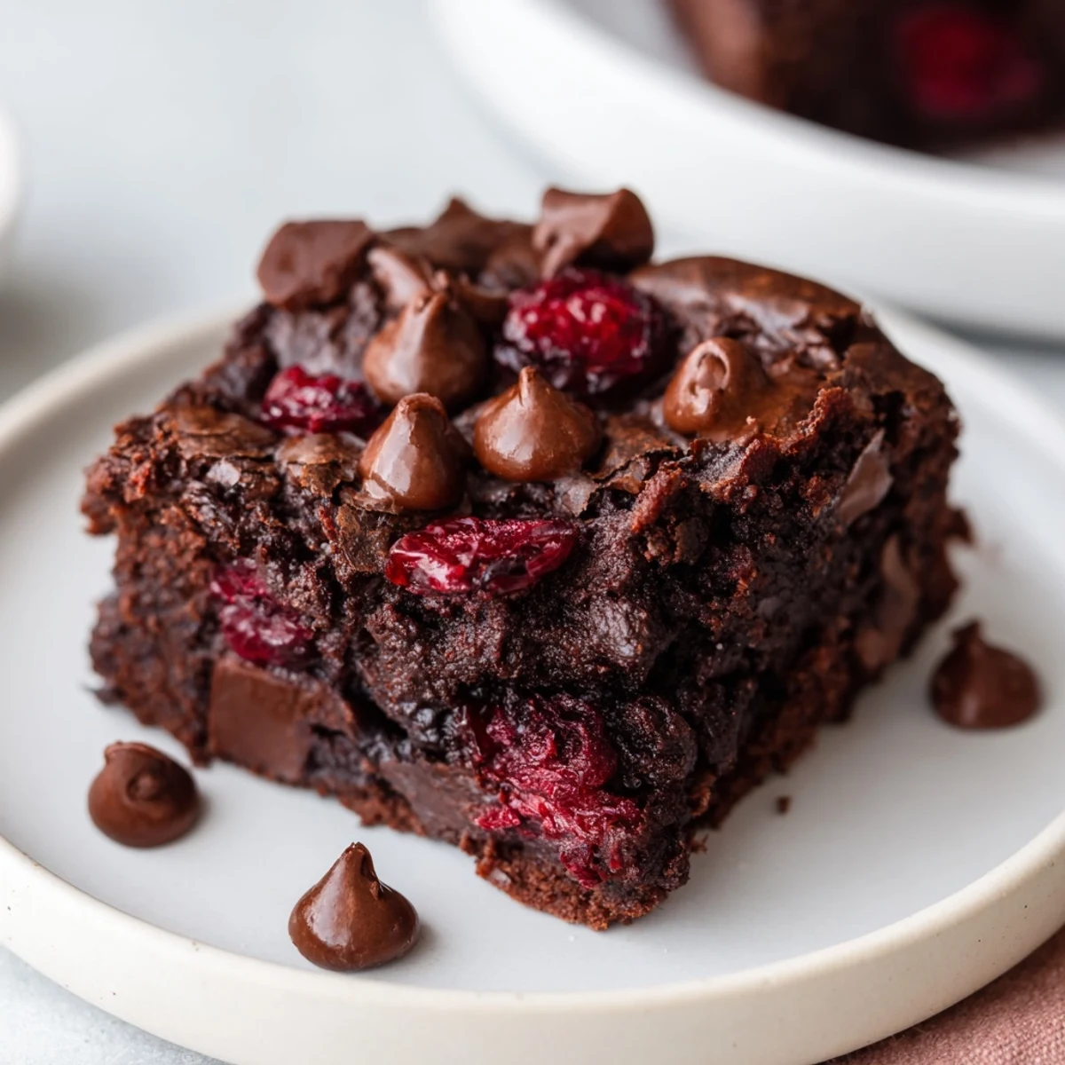 Moist, bite-sized Chocolate Cherry Brownie Bites overflowing with chocolate chips and dried cherries, ready for a party snack.