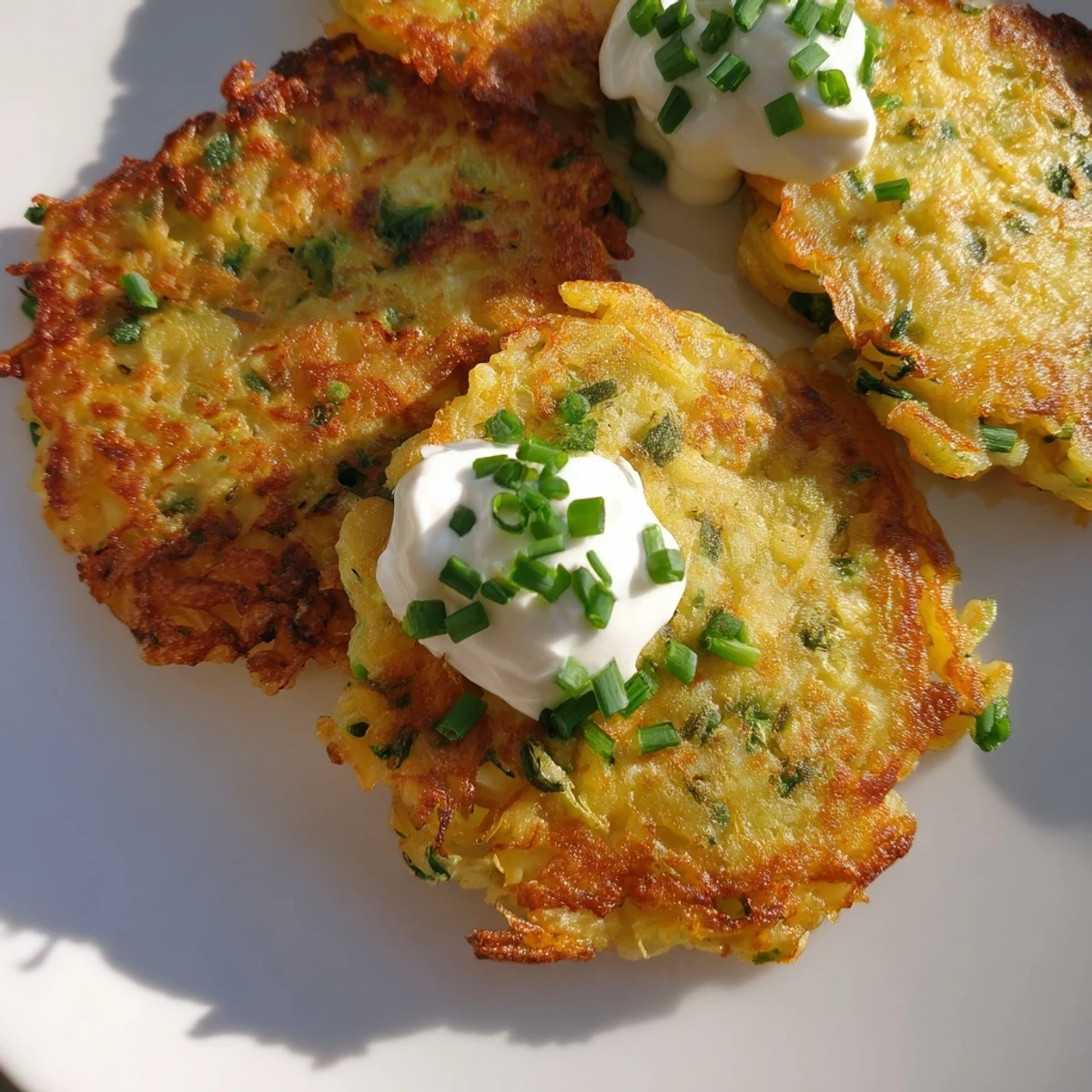 Crispy, golden-brown potato cakes with scallions on a plate, topped with a dollop of cool sour cream.  
