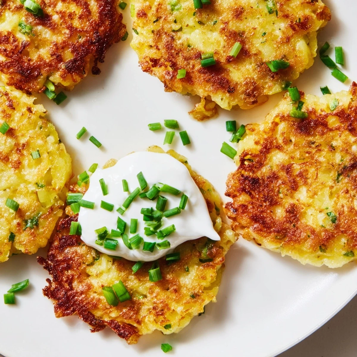 Homemade potato cakes with scallions, golden edges crisp and topped with creamy sour cream for dipping.