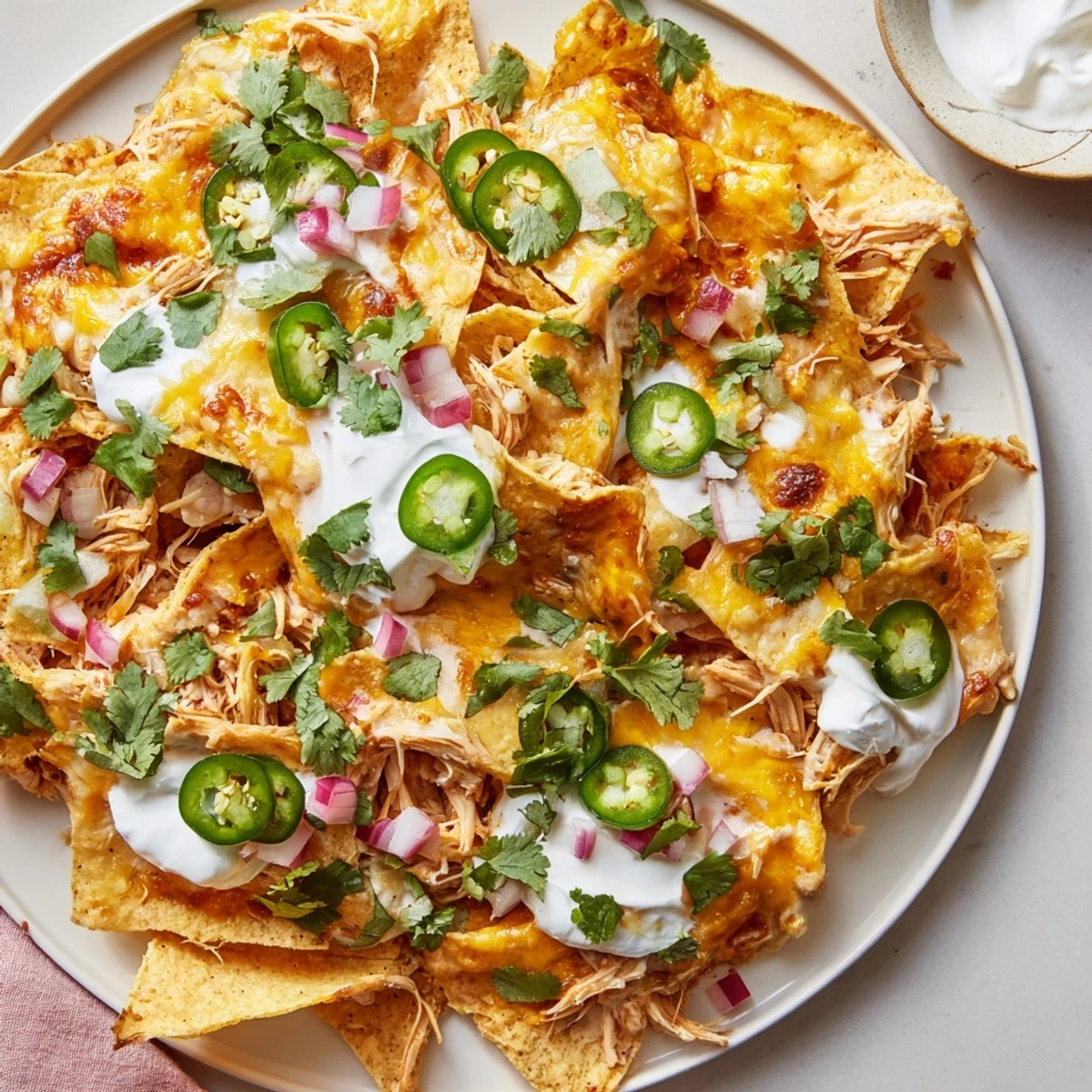 Heaping platter of Pulled Chicken Nachos with Jalapeños featuring melted cheese, diced tomatoes, and creamy avocado toppings.