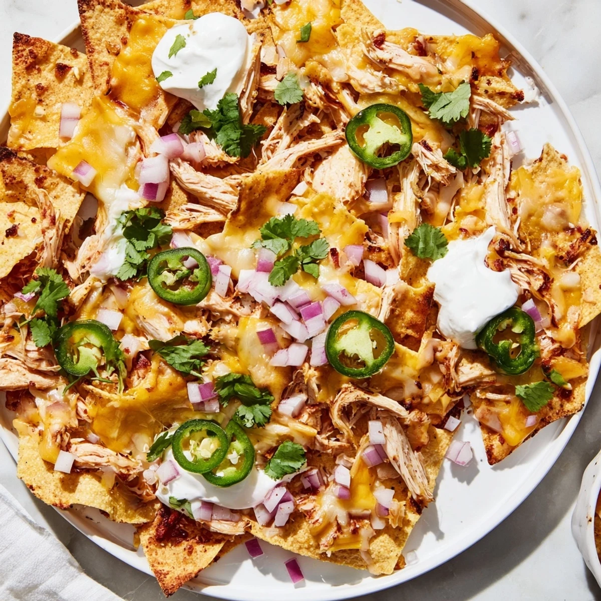 Golden-brown tortilla chips loaded with tender pulled chicken, melted cheddar, and fresh jalapeños for a zesty party snack.