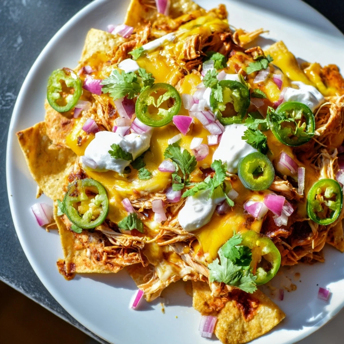 Hot Pulled Chicken Nachos with Jalapeños fresh from the oven, topped with sour cream drizzle and lime wedges.