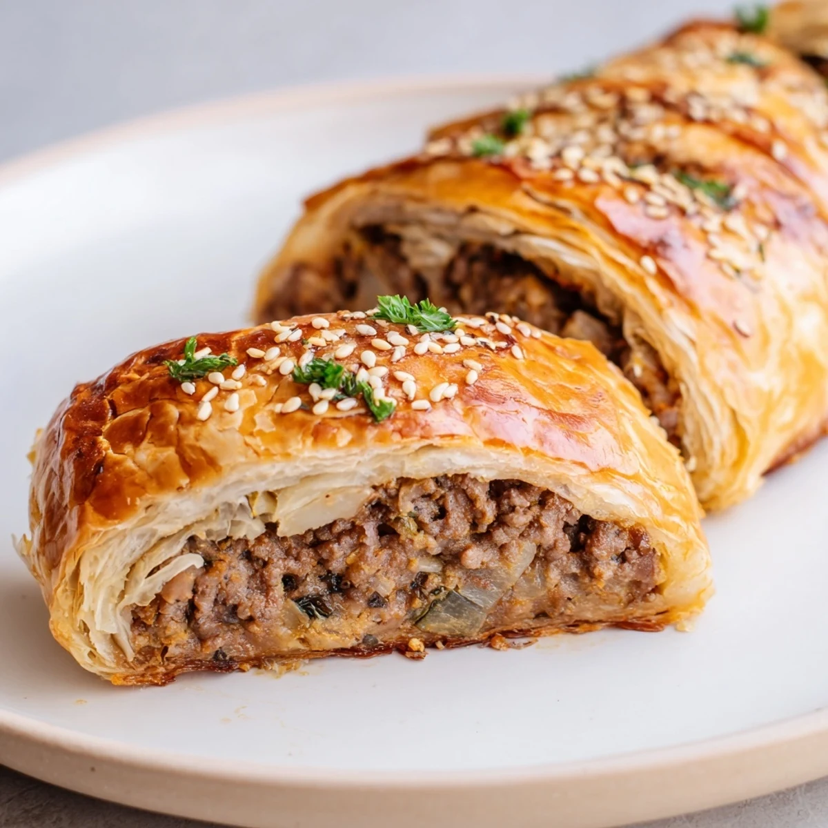 Golden, flaky Sausage Rolls with Puff Pastry and Beef arranged on a rustic wooden board with a small bowl of mustard.